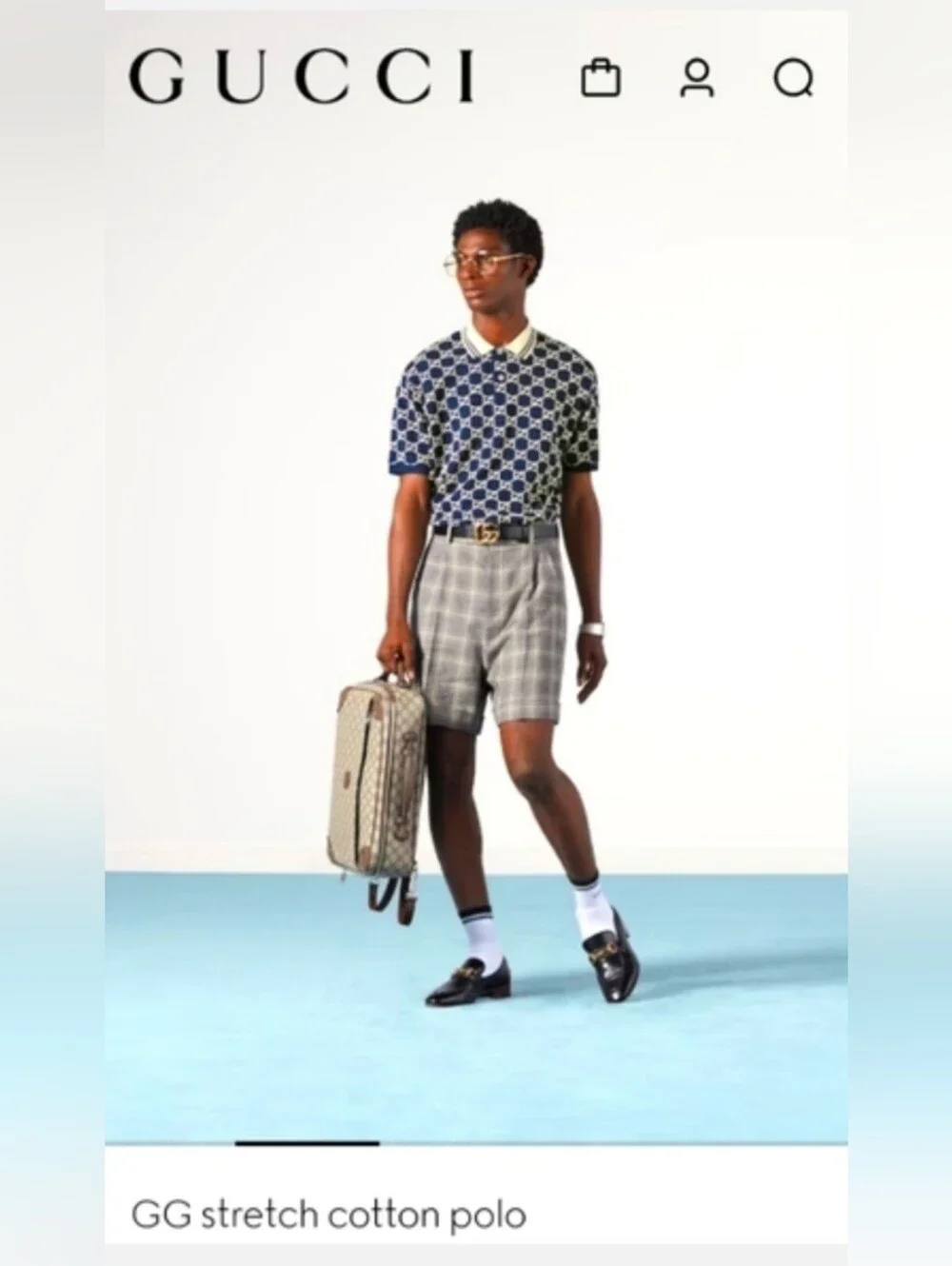 🇮🇹 Gucci Navy Blue GG 👕Jacquard Polo with Cream Collar🇮🇹